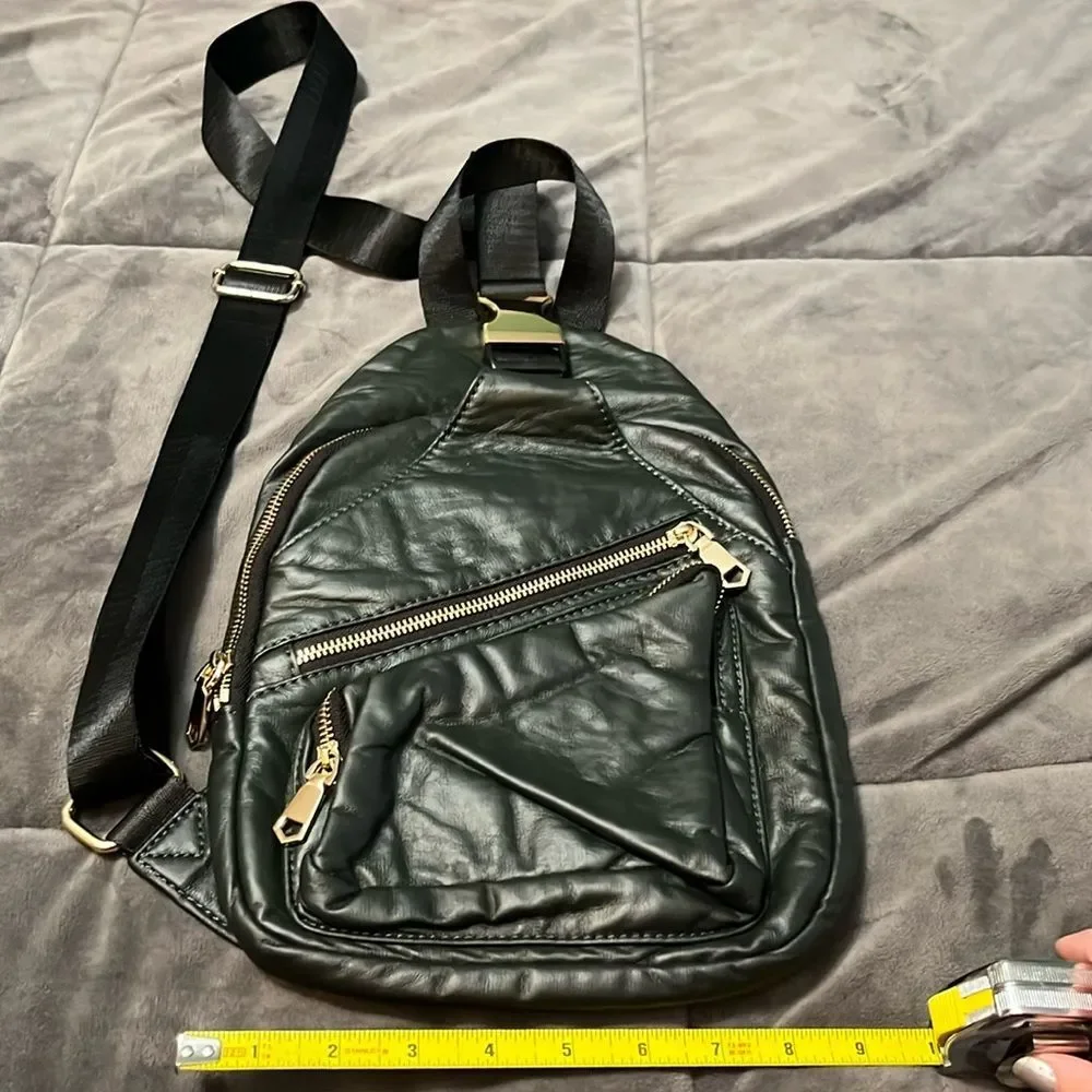 Sol and Solene on the Go Sling Backpack Dark Green with Gold Metal Accents